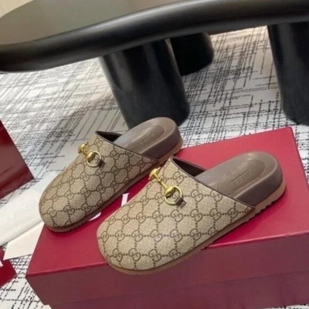 Gucci Cream and Brown Mules with Gold Detail - Picture 2 of 5